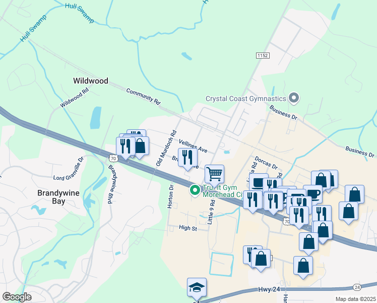 map of restaurants, bars, coffee shops, grocery stores, and more near 153 Vellines Avenue in Newport