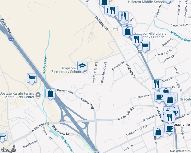 map of restaurants, bars, coffee shops, grocery stores, and more near 209 Boyd Avenue in Simpsonville
