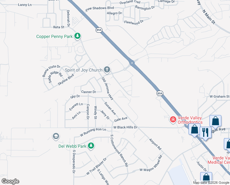map of restaurants, bars, coffee shops, grocery stores, and more near 2041 Old Jerome Highway in Clarkdale