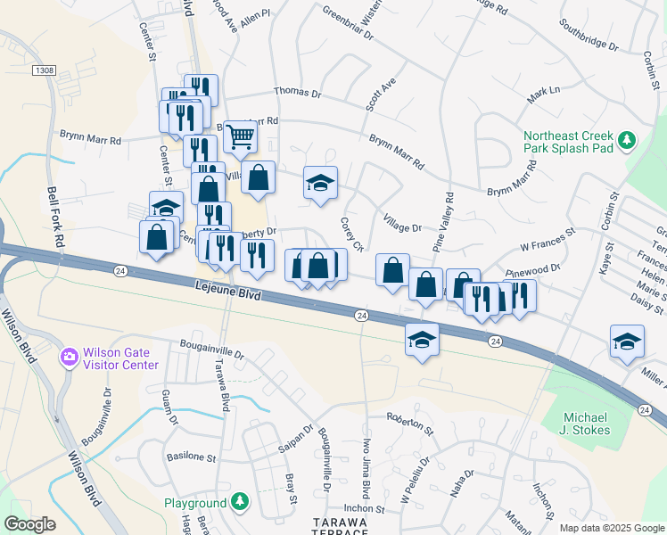 map of restaurants, bars, coffee shops, grocery stores, and more near 1911 Lejeune Boulevard in Jacksonville