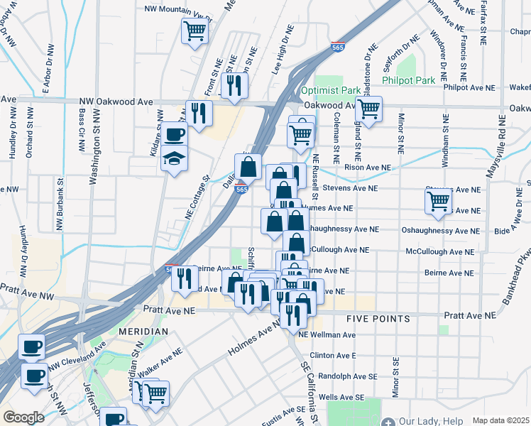 map of restaurants, bars, coffee shops, grocery stores, and more near 517 Oshaughnessy Avenue Northeast in Huntsville