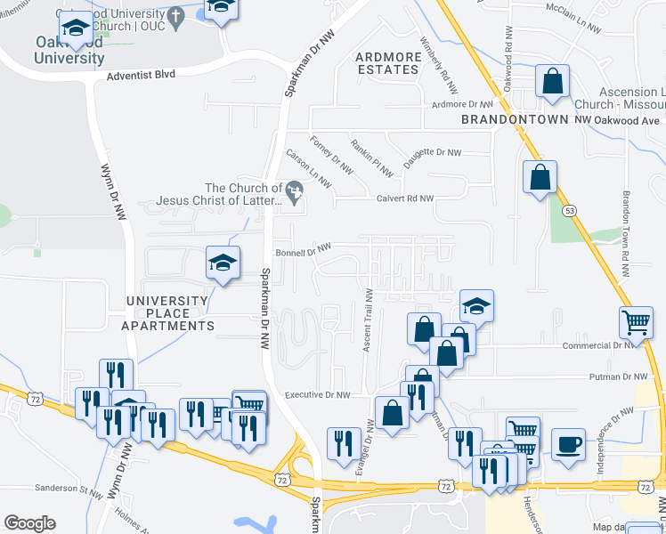 map of restaurants, bars, coffee shops, grocery stores, and more near 1429 Bonnell Drive Northwest in Huntsville