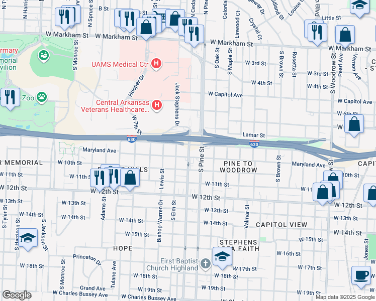 map of restaurants, bars, coffee shops, grocery stores, and more near 900 South Pine Street in Little Rock