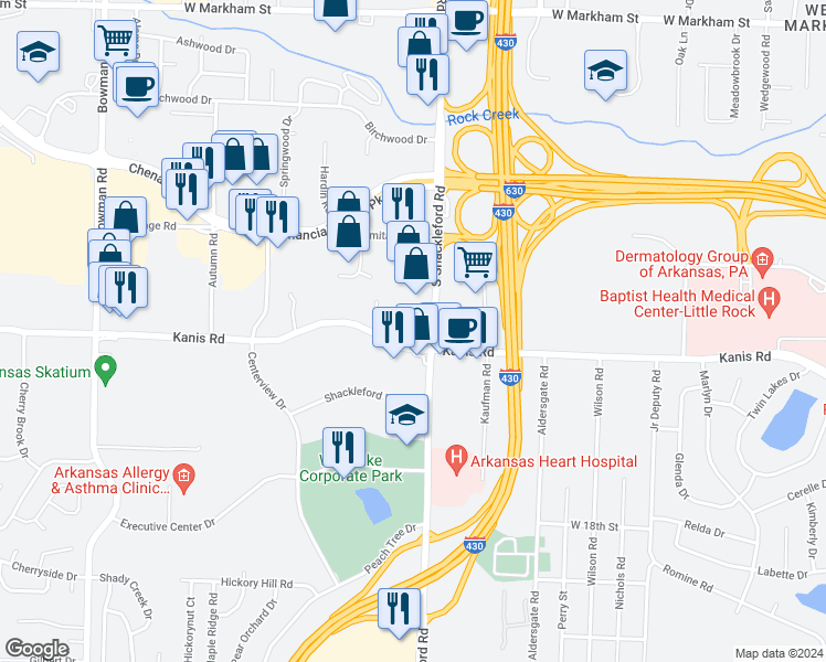 map of restaurants, bars, coffee shops, grocery stores, and more near 10809 Kanis Road in Little Rock