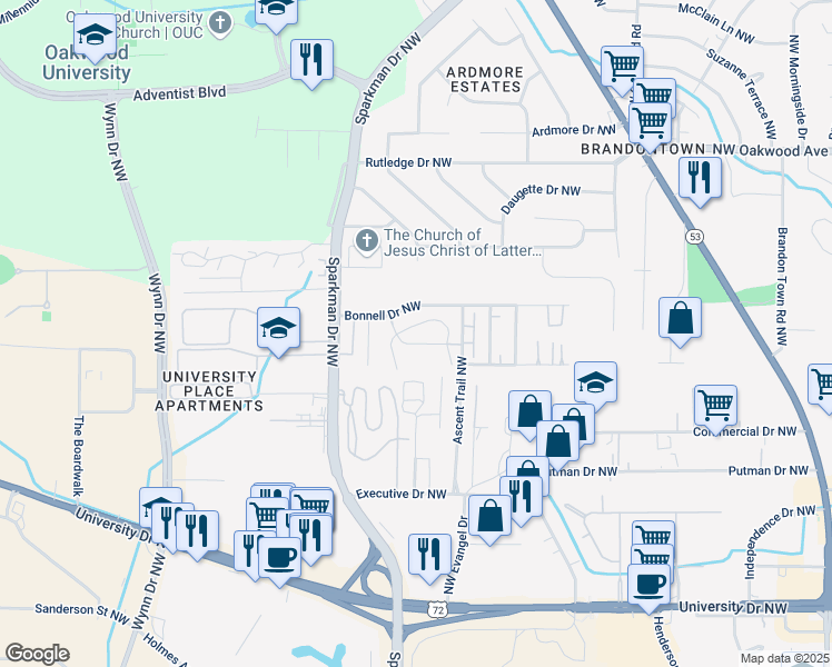 map of restaurants, bars, coffee shops, grocery stores, and more near 1429 Bonnell Drive Northwest in Huntsville