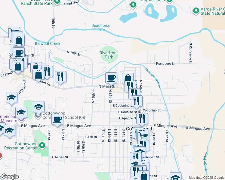 map of restaurants, bars, coffee shops, grocery stores, and more near 408 North 12th Street in Cottonwood