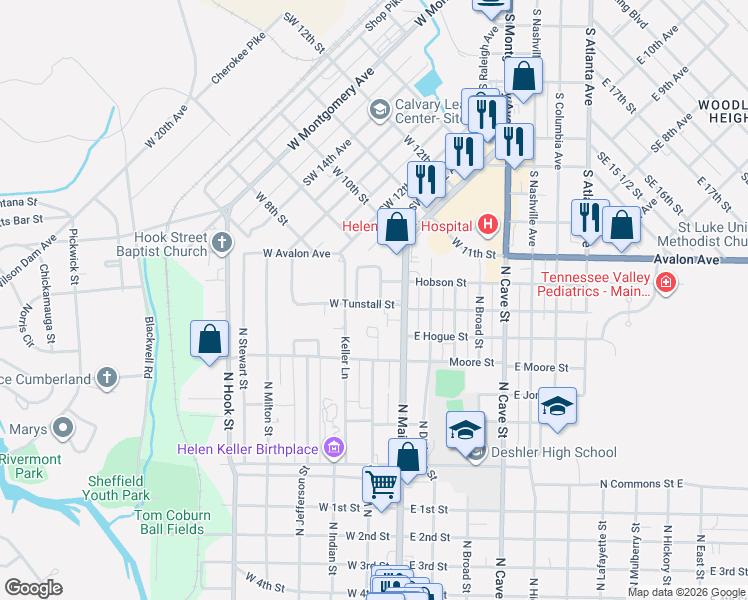 map of restaurants, bars, coffee shops, grocery stores, and more near 3-99 Winston Square in Tuscumbia