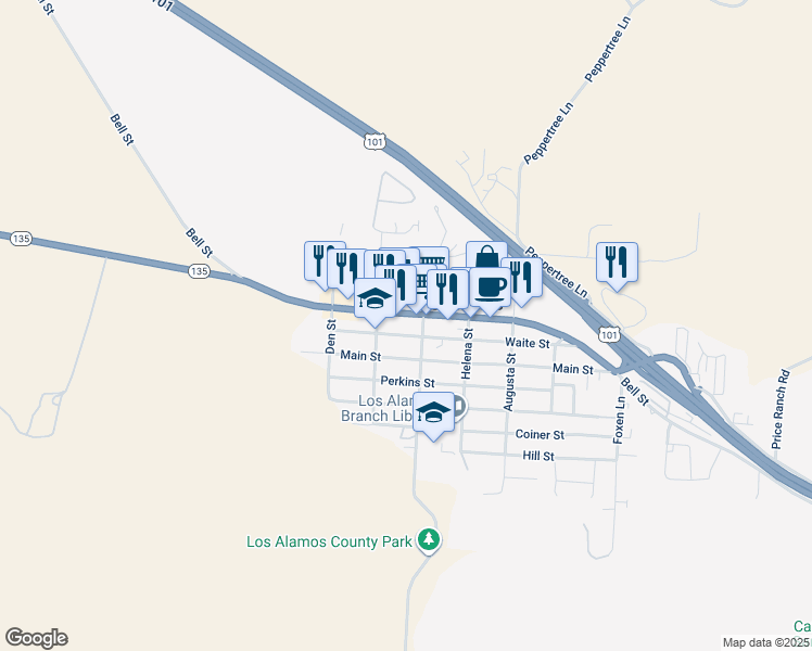 map of restaurants, bars, coffee shops, grocery stores, and more near 362 Bell Street in Los Alamos