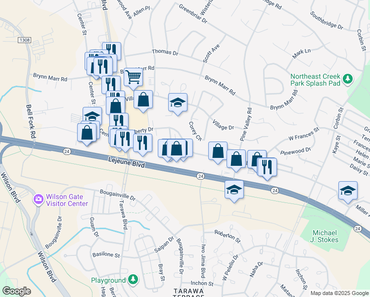 map of restaurants, bars, coffee shops, grocery stores, and more near 106 Ravenwood Drive in Jacksonville