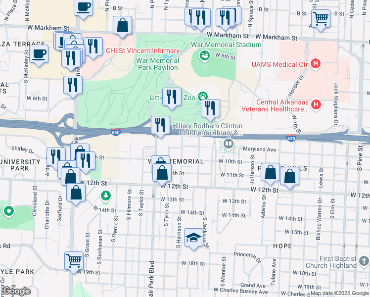 map of restaurants, bars, coffee shops, grocery stores, and more near 5305 West 8th Street in Little Rock