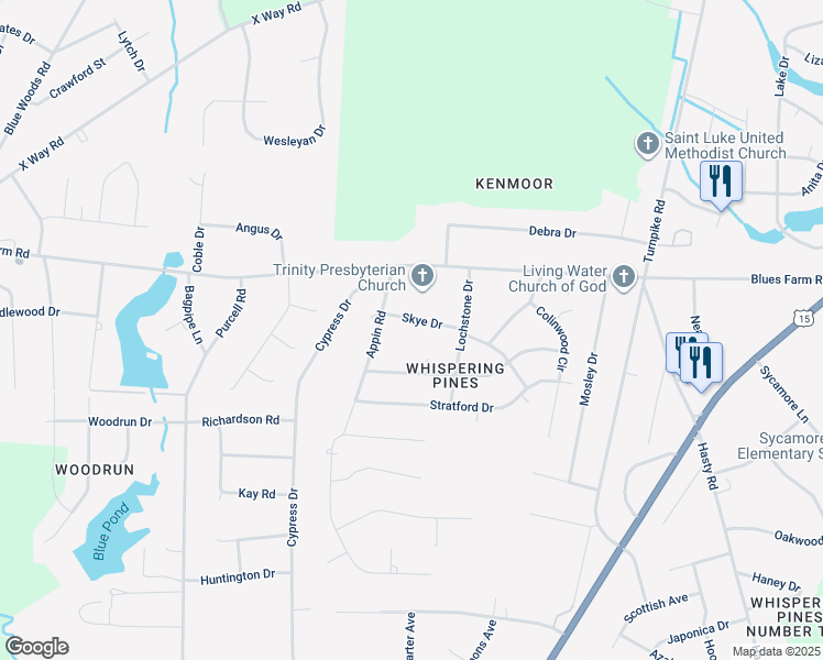 map of restaurants, bars, coffee shops, grocery stores, and more near 12740 Skye Drive in Laurinburg