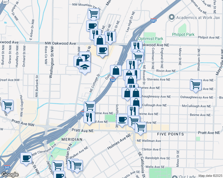 map of restaurants, bars, coffee shops, grocery stores, and more near 402 Humes Avenue Northeast in Huntsville