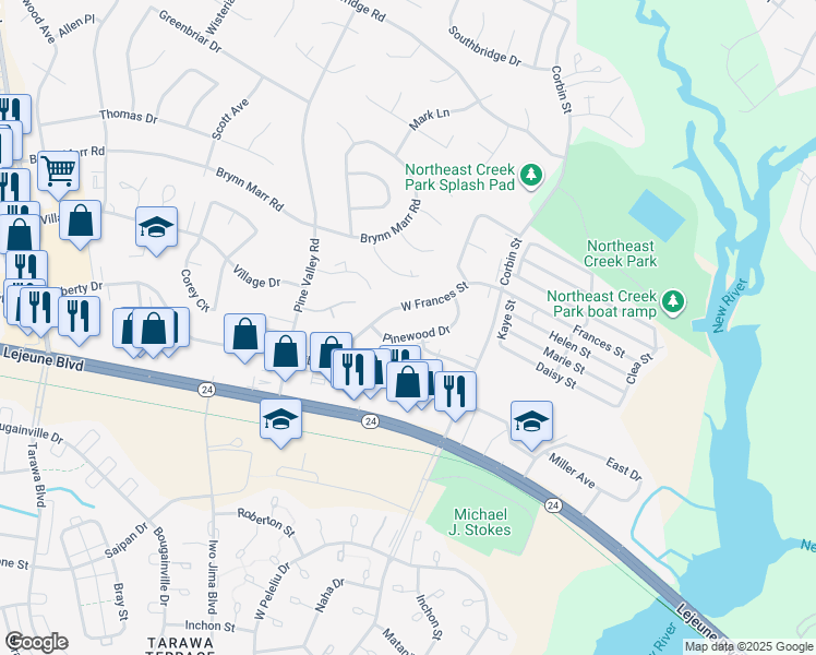 map of restaurants, bars, coffee shops, grocery stores, and more near 723 Pinewood Drive in Jacksonville