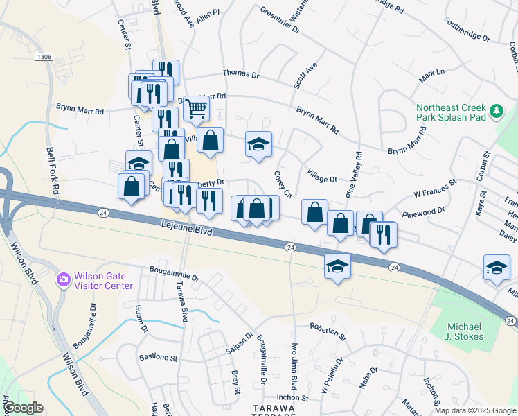 map of restaurants, bars, coffee shops, grocery stores, and more near 106 Ravenwood Drive in Jacksonville
