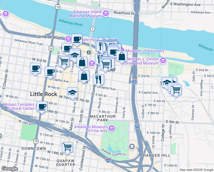 map of restaurants, bars, coffee shops, grocery stores, and more near 400 River Market Avenue in Little Rock
