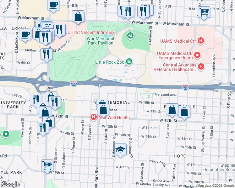 map of restaurants, bars, coffee shops, grocery stores, and more near 5305 West 8th Street in Little Rock