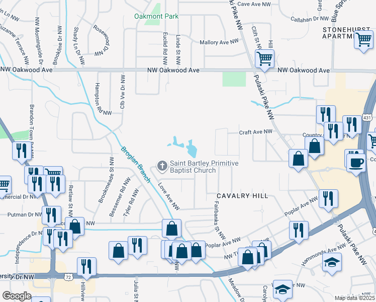 map of restaurants, bars, coffee shops, grocery stores, and more near in Huntsville