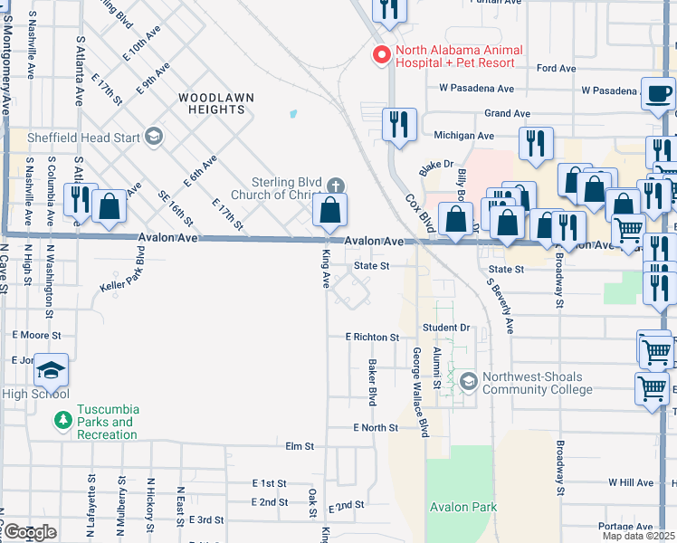 map of restaurants, bars, coffee shops, grocery stores, and more near State St in Tuscumbia