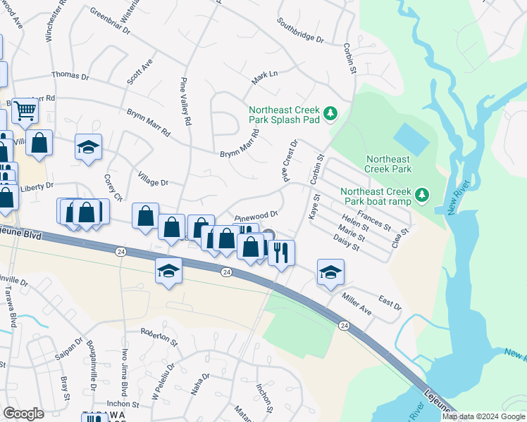 map of restaurants, bars, coffee shops, grocery stores, and more near 737 Pinewood Drive in Jacksonville