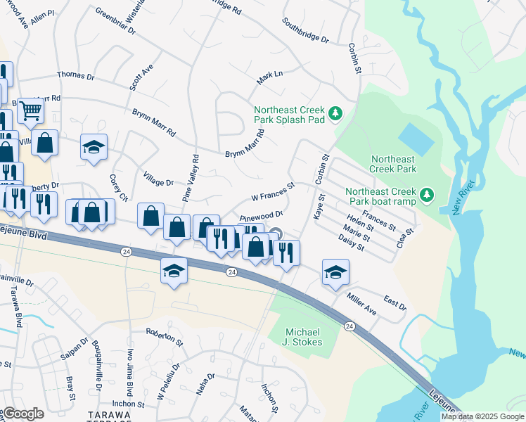 map of restaurants, bars, coffee shops, grocery stores, and more near 731 Pinewood Drive in Jacksonville