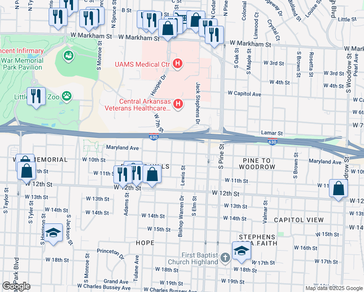 map of restaurants, bars, coffee shops, grocery stores, and more near 808 Lewis Street in Little Rock