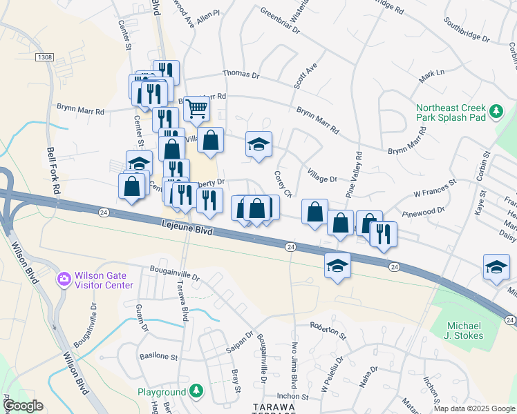 map of restaurants, bars, coffee shops, grocery stores, and more near 106 Ravenwood Drive in Jacksonville