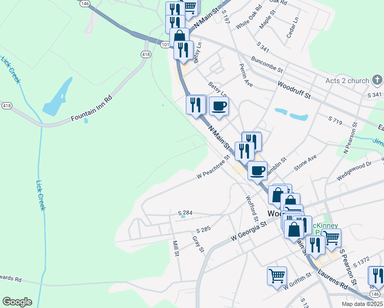map of restaurants, bars, coffee shops, grocery stores, and more near 251 Fairview Street in Woodruff