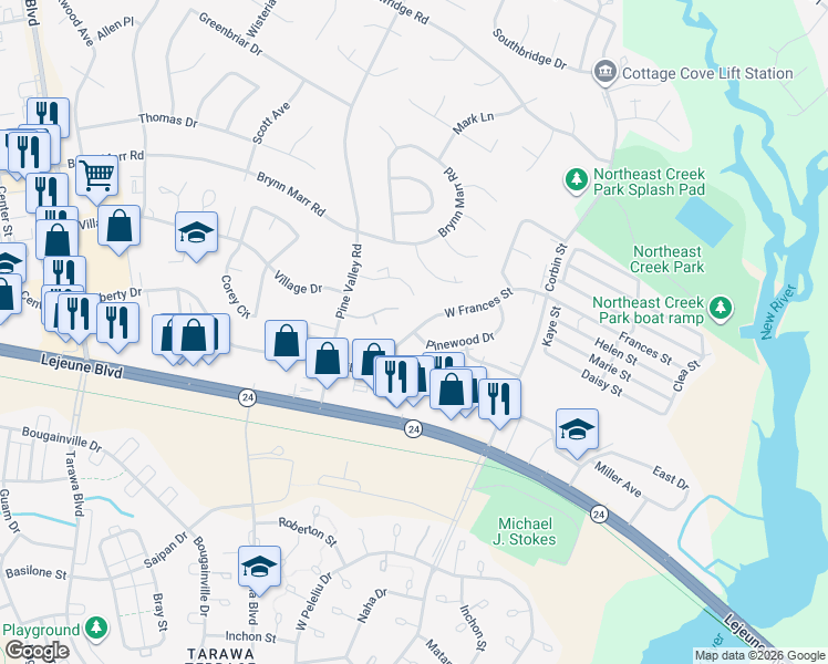 map of restaurants, bars, coffee shops, grocery stores, and more near 683 Pinewood Drive in Jacksonville