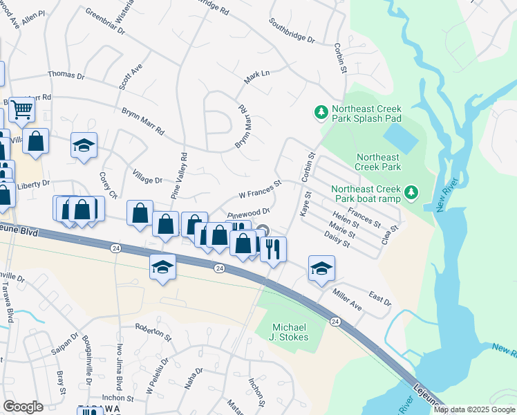 map of restaurants, bars, coffee shops, grocery stores, and more near 741 Pinewood Drive in Jacksonville