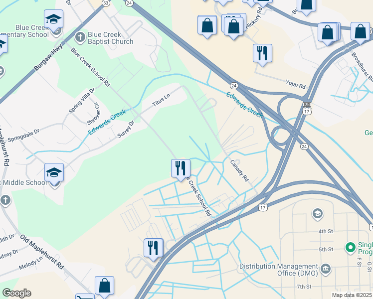 map of restaurants, bars, coffee shops, grocery stores, and more near 1640 Wilmington Highway in Jacksonville