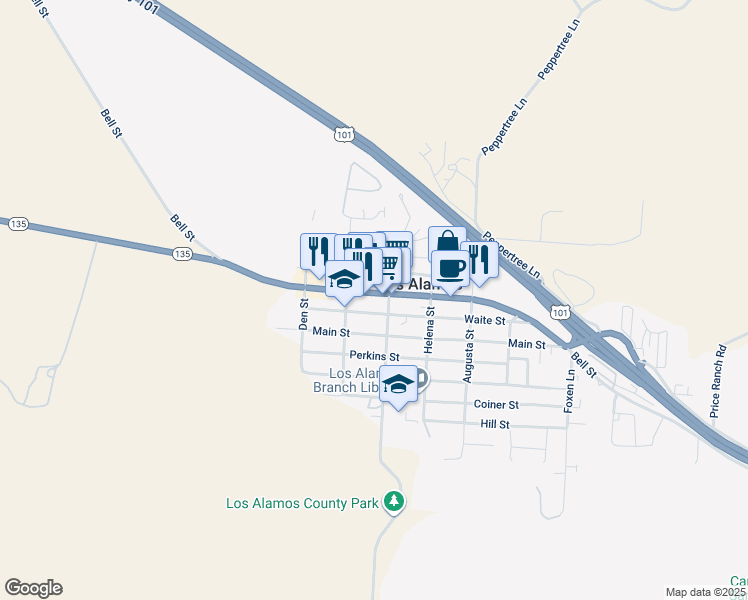 map of restaurants, bars, coffee shops, grocery stores, and more near 362 Bell Street in Los Alamos