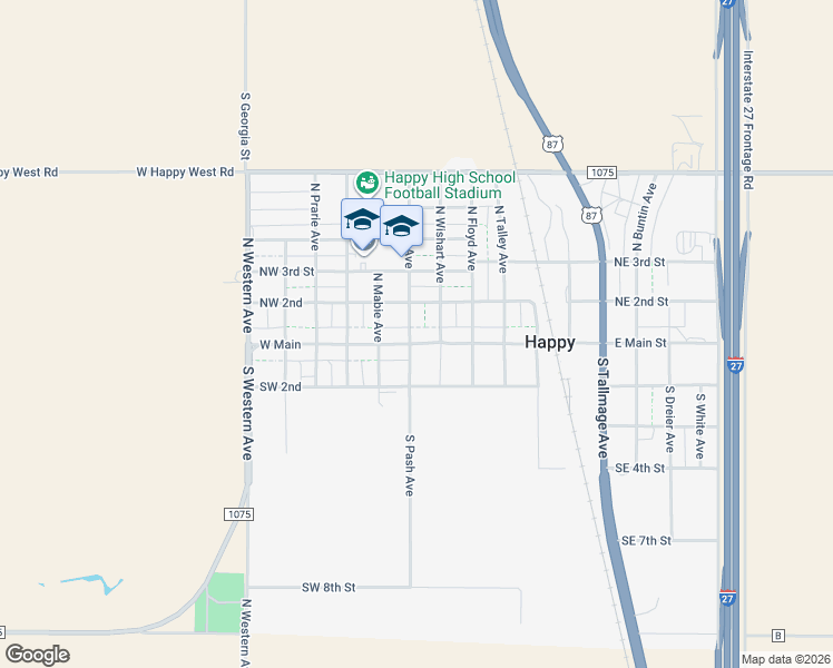 map of restaurants, bars, coffee shops, grocery stores, and more near 111 North Floyd Avenue in Happy