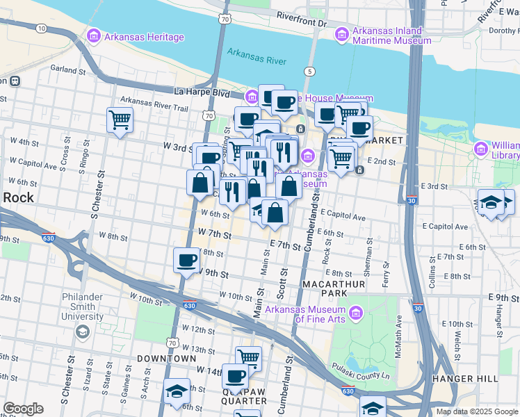 map of restaurants, bars, coffee shops, grocery stores, and more near 201 West Capitol Avenue in Little Rock
