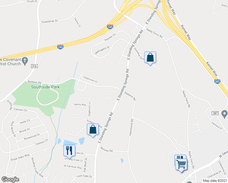 map of restaurants, bars, coffee shops, grocery stores, and more near 6 Pasture View Court in Simpsonville