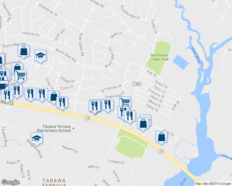 map of restaurants, bars, coffee shops, grocery stores, and more near 739 Pinewood Drive in Jacksonville