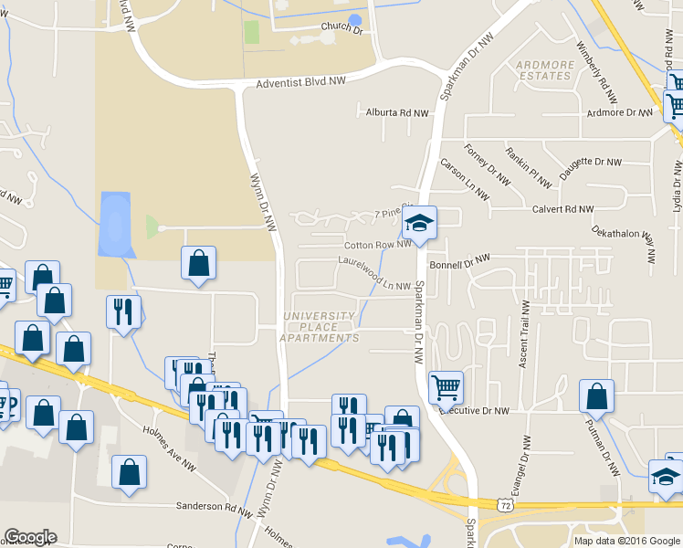 map of restaurants, bars, coffee shops, grocery stores, and more near 4925 Cotton Row Northwest in Huntsville