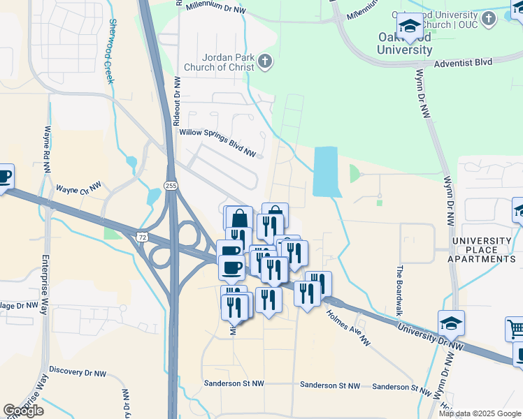 map of restaurants, bars, coffee shops, grocery stores, and more near 1049 Sandy Springs Road Northwest in Huntsville