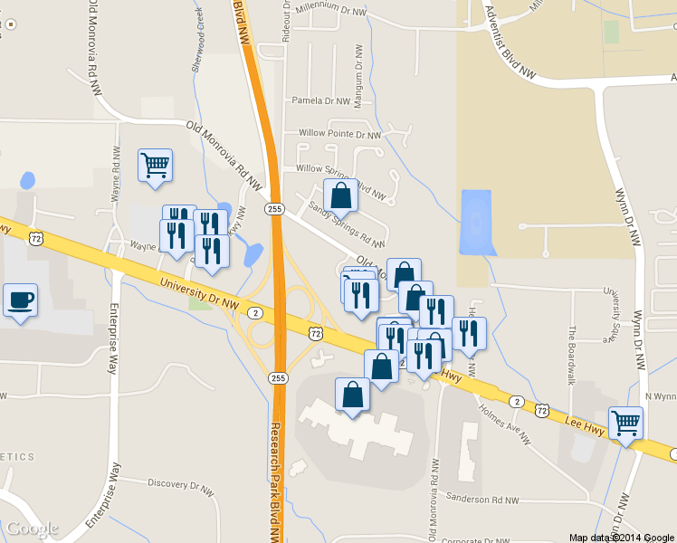 map of restaurants, bars, coffee shops, grocery stores, and more near 1009 Stones Throw Drive Northwest in Huntsville