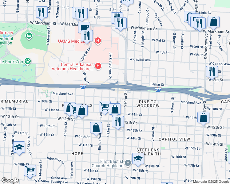map of restaurants, bars, coffee shops, grocery stores, and more near 798 South Cedar Street in Little Rock