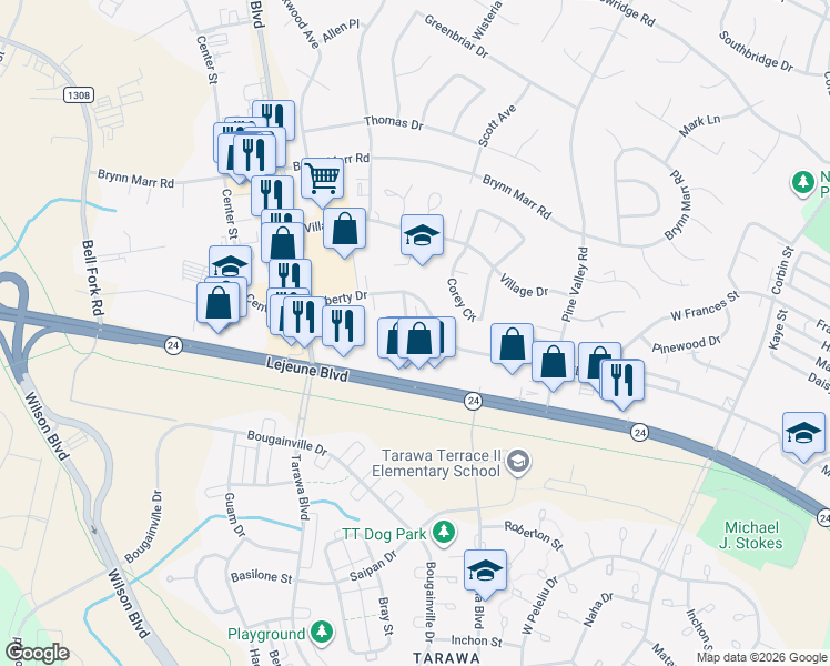 map of restaurants, bars, coffee shops, grocery stores, and more near 106 Ravenwood Drive in Jacksonville
