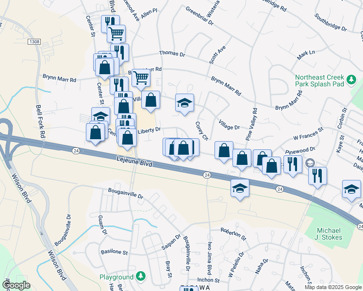map of restaurants, bars, coffee shops, grocery stores, and more near 103 Ravenwood Drive in Jacksonville