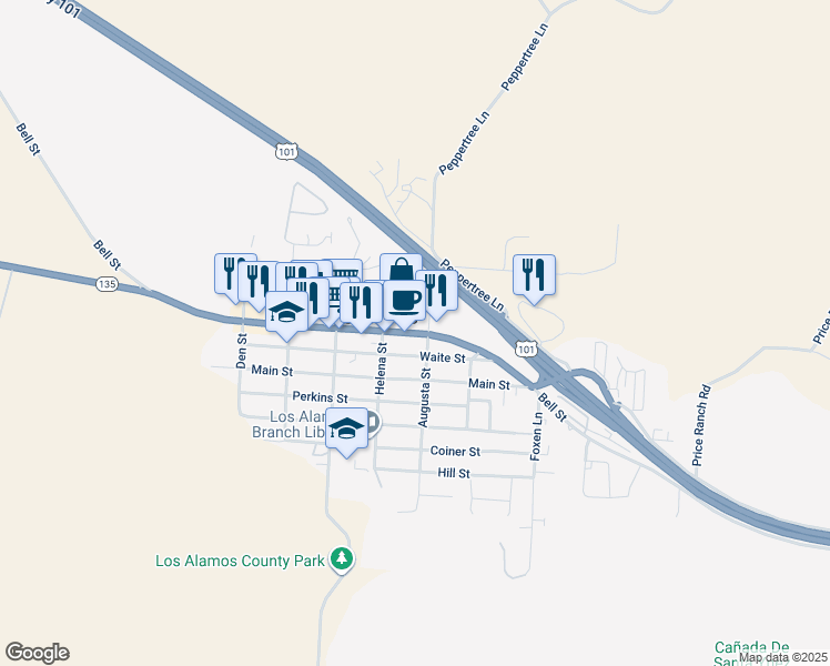 map of restaurants, bars, coffee shops, grocery stores, and more near Highway 135 in Los Alamos