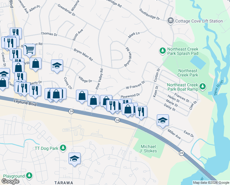 map of restaurants, bars, coffee shops, grocery stores, and more near 139 Meadow Oaks Court in Jacksonville