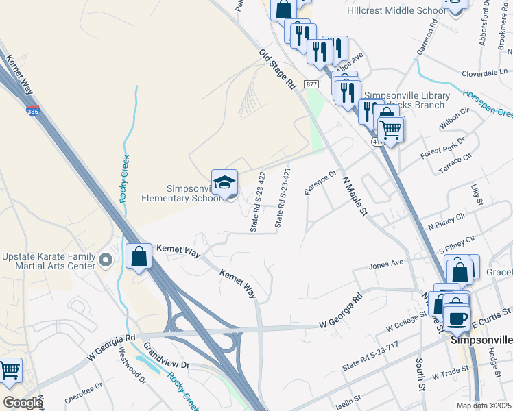 map of restaurants, bars, coffee shops, grocery stores, and more near County Road 422 in Simpsonville