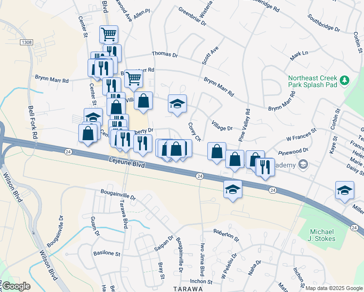 map of restaurants, bars, coffee shops, grocery stores, and more near 102 Ravenwood Drive in Jacksonville