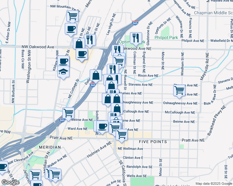map of restaurants, bars, coffee shops, grocery stores, and more near 616 Stevens Avenue Northeast in Huntsville