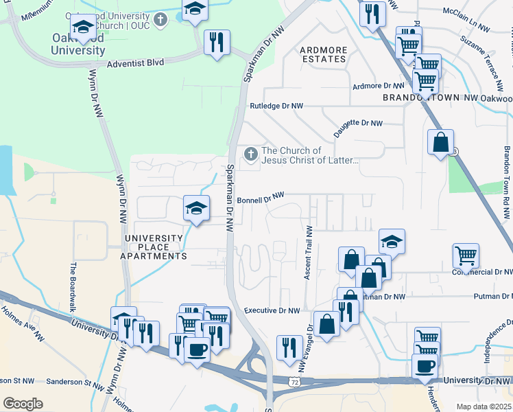 map of restaurants, bars, coffee shops, grocery stores, and more near 1512 Halston Circle Northwest in Huntsville