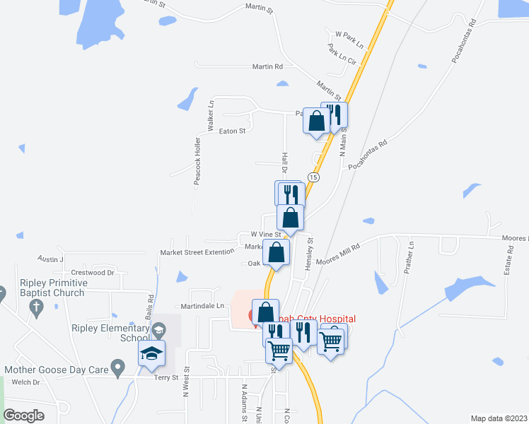 map of restaurants, bars, coffee shops, grocery stores, and more near 208 Church Street in Ripley