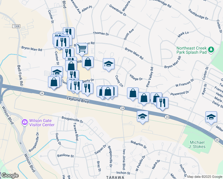 map of restaurants, bars, coffee shops, grocery stores, and more near 106 Ravenwood Drive in Jacksonville