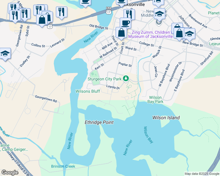 map of restaurants, bars, coffee shops, grocery stores, and more near 71 Court Street in Jacksonville